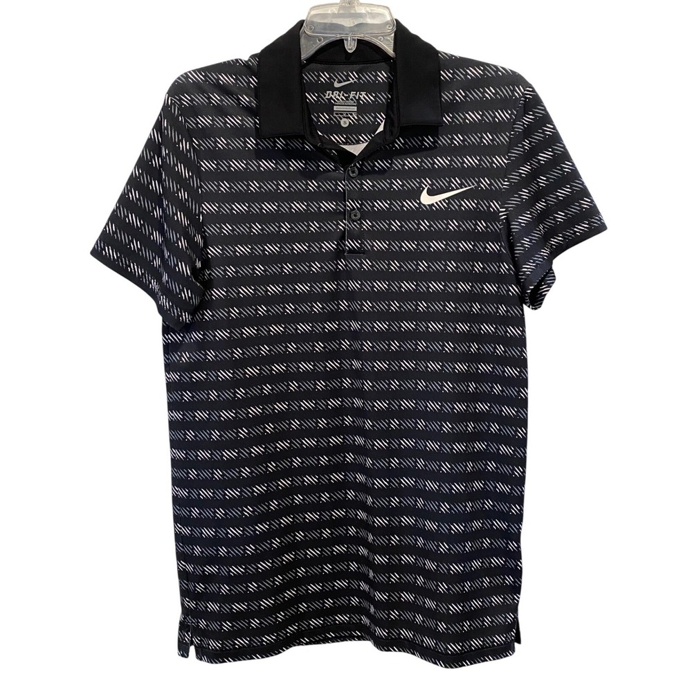 Nike Dri-FIT Mens Small Short Sleeve Polo Shirt Black White Geometric Dash EUC